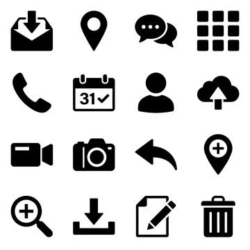 Collection of black flat icons for web and mobile applications, including d.. Stock Illustration