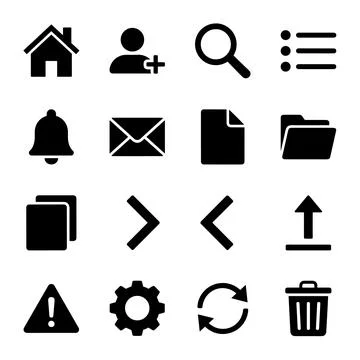 Collection of black flat vector icons representing common user interface el.. Stock Illustration