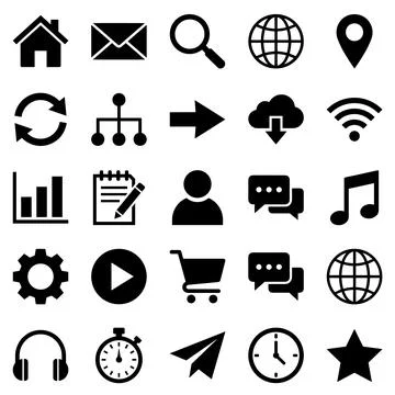 Collection of black flat vector icons representing common web and app inter.. Ilustração Stock