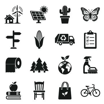 Collection of black flat vector icons representing ecology, nature, and sus.. Stock-Illustration