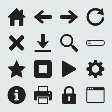 Collection of black flat vector icons for web and mobile interface design, .. Stock Illustration