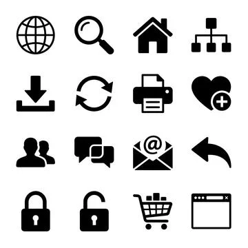 Collection of black flat web icons for internet navigation and user interfa.. Stock Illustration