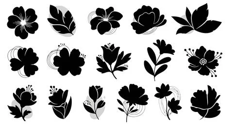 A collection of black flower and leaf silhouettes Illustrazione stock
