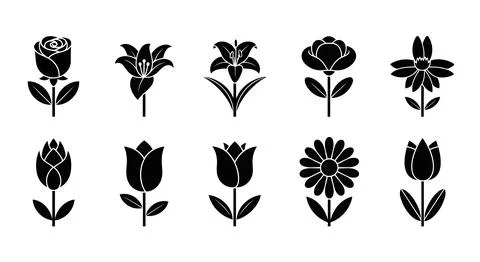 A collection of black flower silhouettes on a white background Stock Illustration