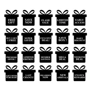 Collection of black gift boxes with white text announcing various promotion.. Stock Illustration