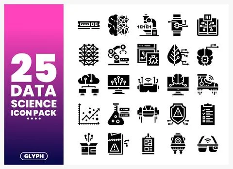Collection of black glyph icons for data science. artificial intelligence. .. 스톡 일러스트