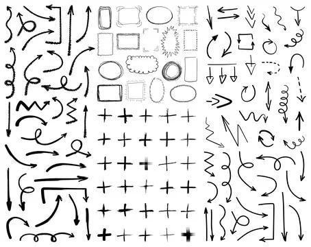 Collection of black hand drawn arrows, frames and plus symbols isolated on Stock Illustration