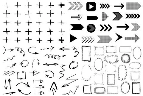 Collection of black hand drawn arrows, frames and plus symbols isolated on Stock Illustration