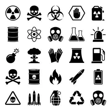 Collection of black hazard and danger warning icons including radiation, bi.. Ilustração Stock