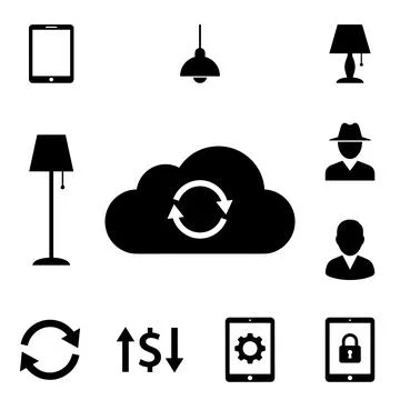 Collection of black icons: cloud with sync arrows, tablet, floor lamp, pend.. Ilustración de archivo