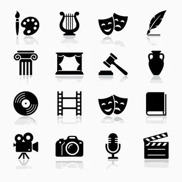 Collection of black icons representing arts, culture, and entertainment sym.. Stock Illustration