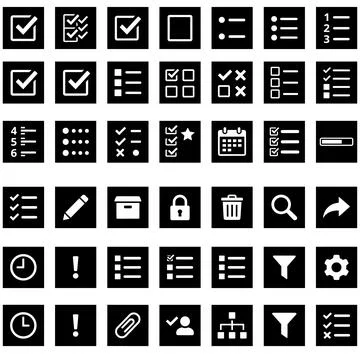 Collection of black icons representing tasks, lists, and organization with .. Stock Illustration