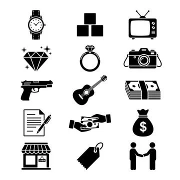 Collection of black icons representing various items like a watch, diamond,.. Stock Illustration