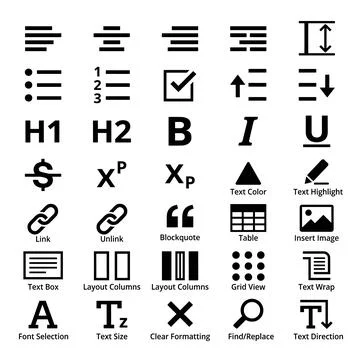 Collection of black icons for text formatting and document editing tools, i.. Stock Illustration