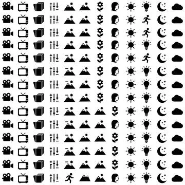 Collection of black icons for user interface design, featuring cameras, tel.. Stock Illustration