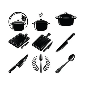 Collection of black kitchenware including pots knives cutting boards fork a.. Stock Illustration
