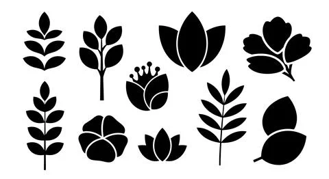 A collection of black leaf silhouettes on a white background Stock Illustration