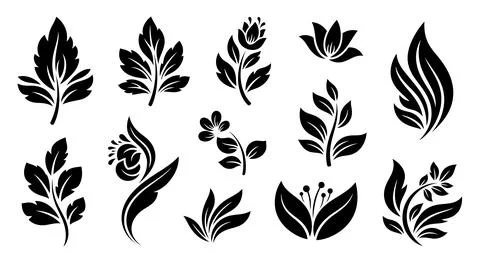 A collection of black leaf silhouettes on a white background Stock Illustration