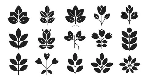 A collection of black leaf silhouettes on a white background Stock Illustration