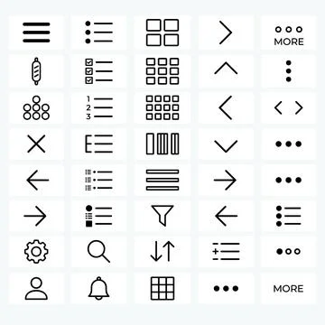 Collection of black line art interface icons including menu hamburger, list.. Stock Illustration