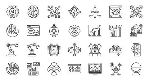 A collection of black line drawings representing artificial intelligence co.. Stock Illustration