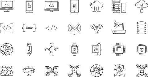 A collection of black line drawings representing technology and the internet イラスト素材