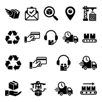 Collection of black logistic and delivery service icons including fast ship.. Stock Illustration
