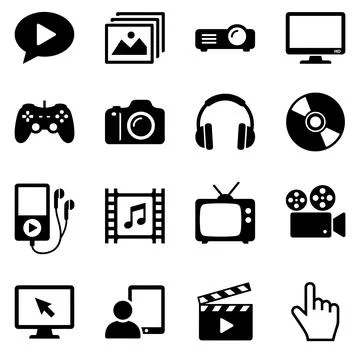 Collection of black media and technology icons including play button, photo.. Stock Illustration