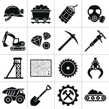 Collection of black mining industry icons and symbols including hard hat, c.. Stock Illustration