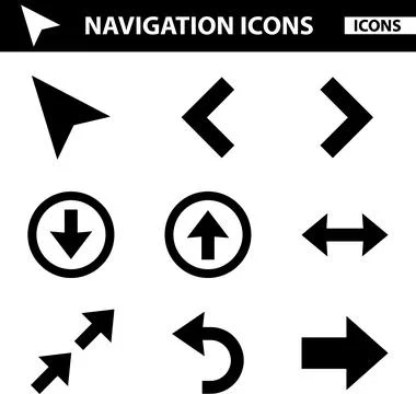 Collection of Black Navigation and Arrow Icons on White Background. Stock Illustration