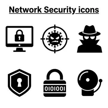 Collection of black network security icons including computer with lock, vi.. Stock Illustration