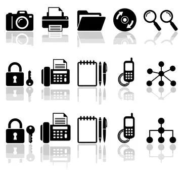 Collection of black office and technology icons including camera, printer, .. Stock Illustration