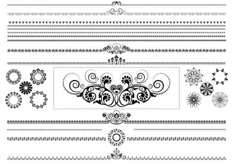 Collection of black patterns for brushes on white background. Stock Illustration