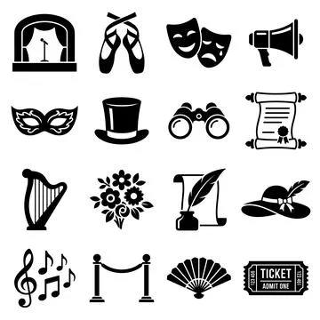 Collection of black performance and entertainment icons including theatre s.. Stock Illustration