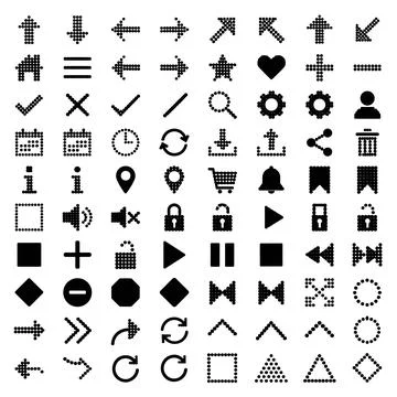 Collection of black pixelated icons for web and app interfaces, including a.. Illustrazione stock