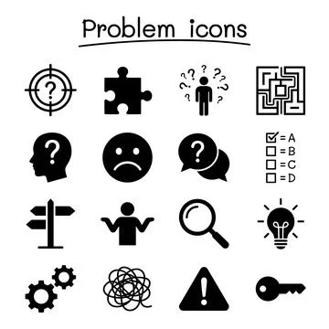 Collection of black problem solving icons and symbols on white background, .. Stock Illustration