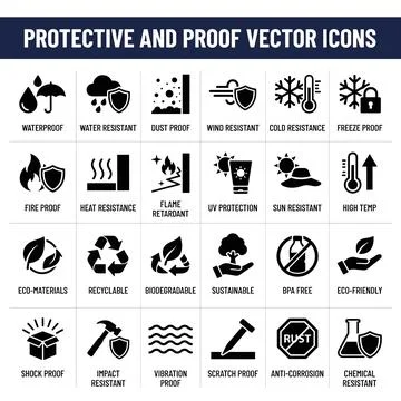Collection of black protective and proof vector icons for product features,.. Stock Illustration