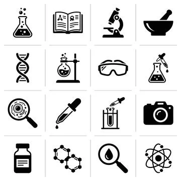 Collection of black science and laboratory icons including microscope, DNA,.. Stock Illustration