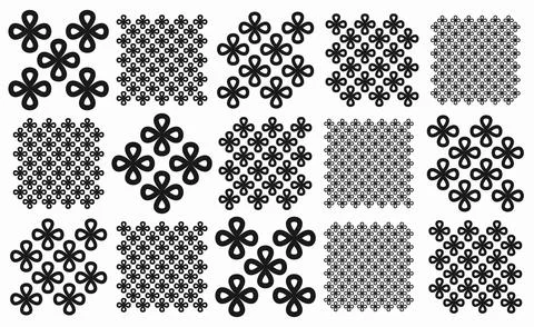Collection of black seamless checkered patterns with floral shapes on a clean Stock Illustration