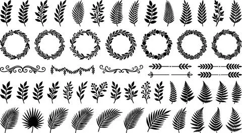 Collection of Black Silhouette Botanical Elements and Wreaths. Illustrazione stock