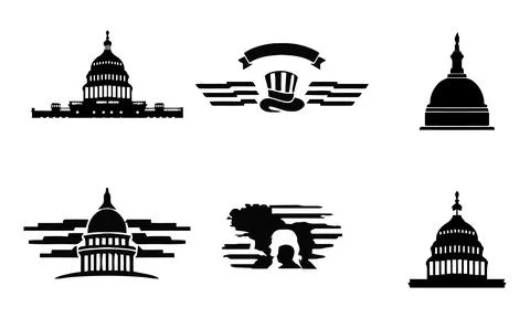 Collection of black silhouette featuring US Capitol buildings Uncle Sam hat. Stock Illustration
