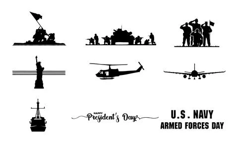 Collection of black silhouette representing US military forces including Stock Illustration