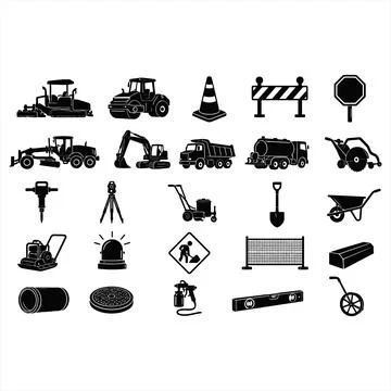Collection of black silhouette road construction tools and heavy machinery .. Иллюстрация