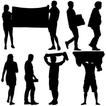 Collection of black silhouettes featuring a man carrying boxes, a man holding Stock Illustration