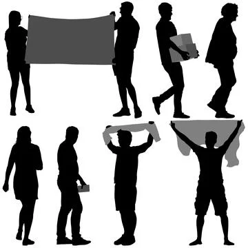 Collection of black silhouettes featuring a man carrying boxes, a man holdi.. Stock Illustration
