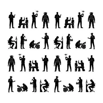 Collection of black silhouettes representing technology and science profess.. Stock Illustration