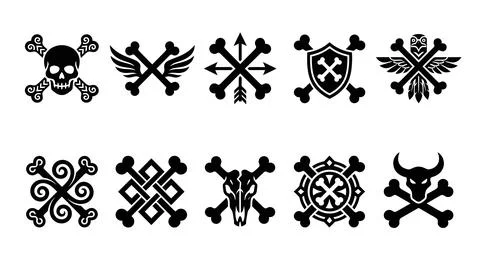Collection of black skull and crossbones symbols with various decorative el.. Stock Illustration