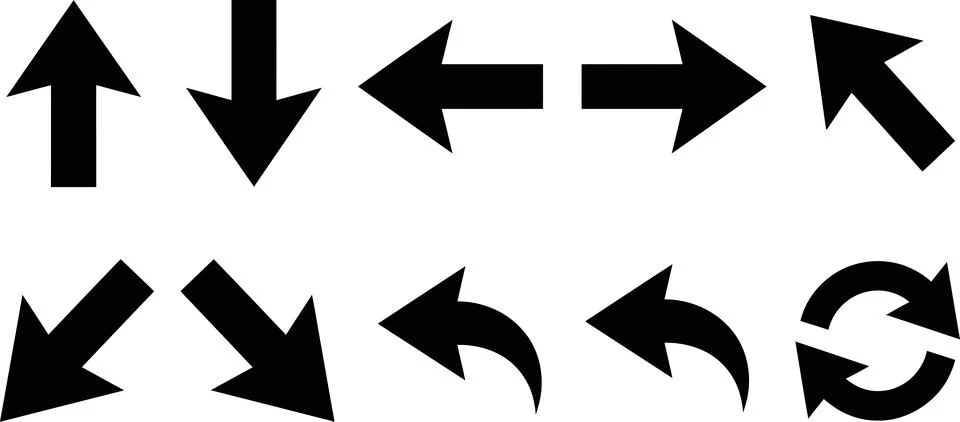 Collection of black solid arrow icons for navigation and direction. Stock Illustration