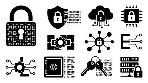 Collection of black solid cybersecurity icons for data privacy and network .. Stock Illustration