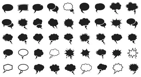 A collection of black speech bubbles and thought clouds Stock Illustration